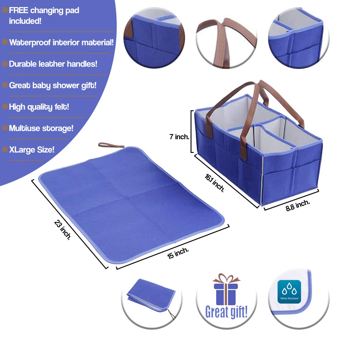 Baby Diaper Caddy Organizer With Free Portable Changing Pad XL, Large Capacity, Car Travel