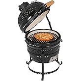 Outvita Ceramic Grill, 13" Round Kamado Charcoal Grill, Black | Portable Barbecue Grill, Thermometer, Variations on Cooking Methods
