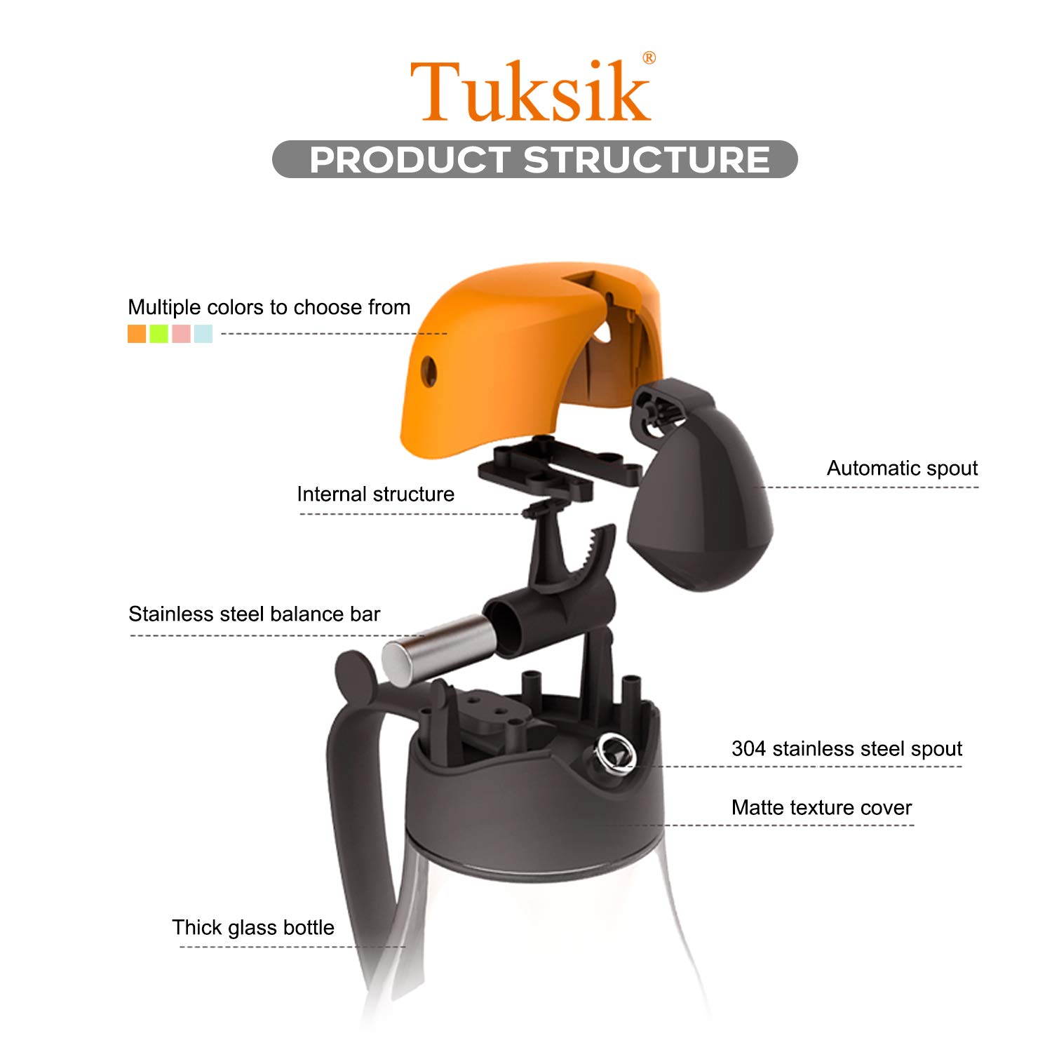 Tuksik Olive Oil Dispenser Bottle with Automatic Cap 20oz Glass Oil and Vinegar Dispenser Bottle for Kitchen,No Drip with Precise-Pour Spout Lovely Parrot Design (Orange-20oz)