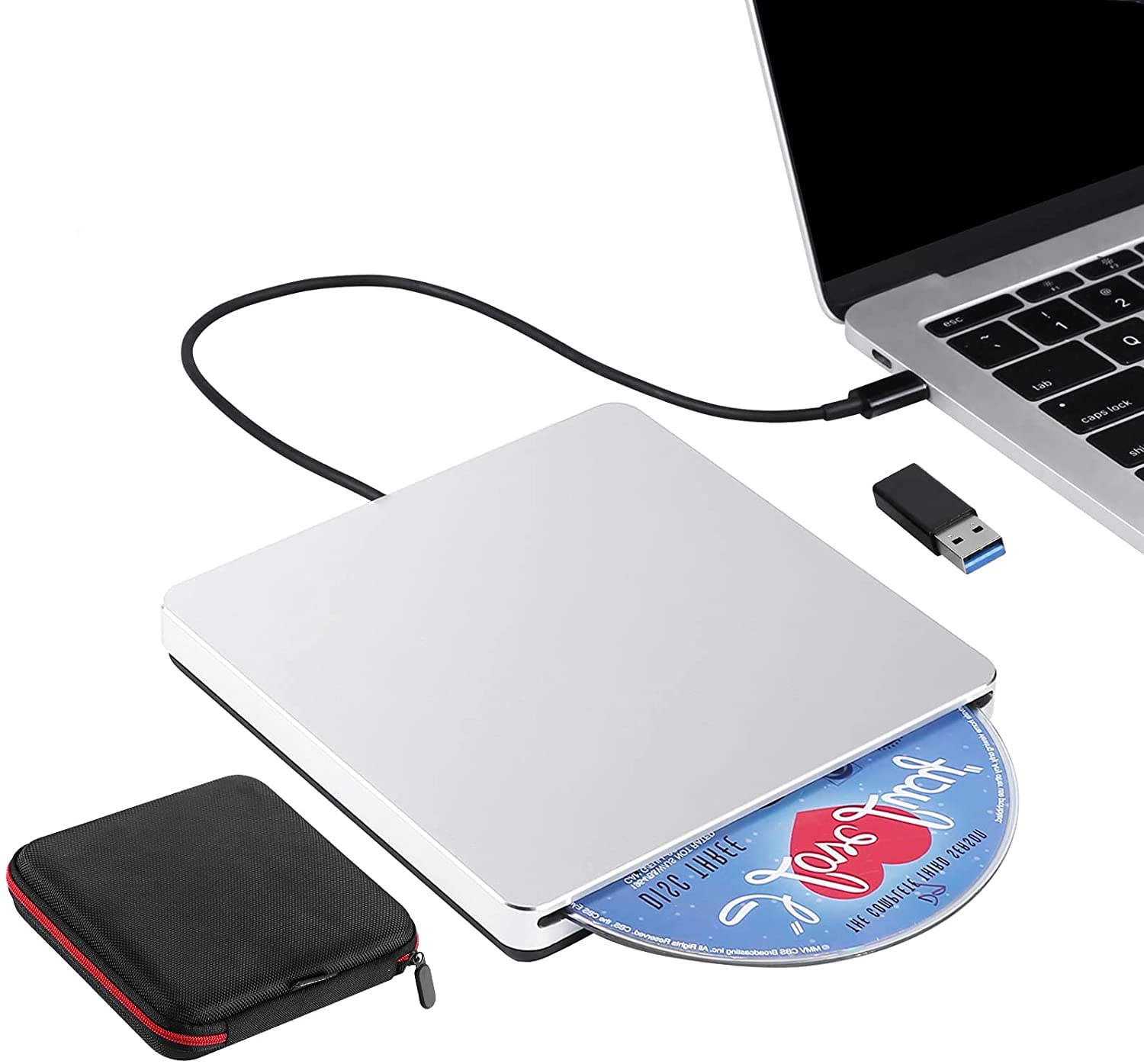 External CD DVD Drive, USB C USB 3.0 Slim CD/DVD +/-RW Drive Reader Slot in CD ROM Burner Writer, External Disc Drives DVD Player for Laptop PC MacBook Windows 11 10 Mac OS with Carrying Case