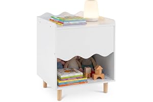 Costzon Nightstand, Scalloped Side Table with Wide Top, Large Storage Compartment & Solid Rubber Wood Legs, Children Wooden E