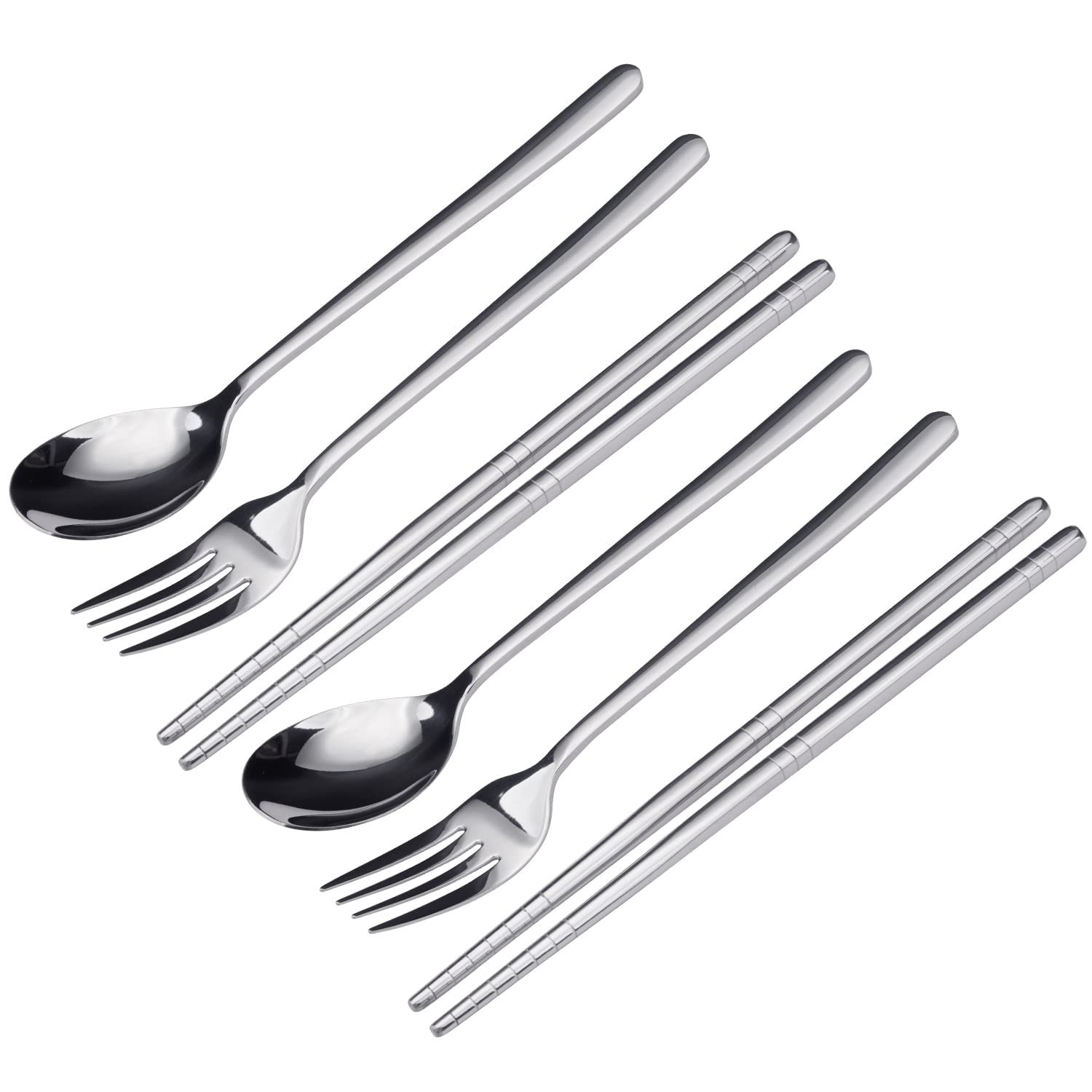 FOXAS 6-Pieces Flatware Set, Stainless Steel Cutlery Set of Fork Spoon Chopsticks, 2 Pair Korean Table Forks Soup Spoons Chopsticks for Restaurant, Home, Travel
