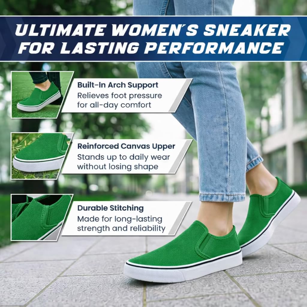 Emma Shoes Low-Top Slip Ons Women's Fashion Sneakers Casual Canvas Sneakers for Women Comfortable Flats Breathable Padded Insole Slip on Sneakers Women Low Slip on Shoes, Emerald Green, 9