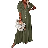 Summer Dresses for Women 2024 Casual Maxi Flowy Beach Cover Up Dress V Neck Button Drawstring Short Sleeve Dress