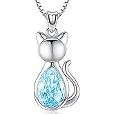 Odinstone Cat Birthstone Necklaces Jewelry Sterling Silver Cat Pendant Necklace Gift for Women Gifts, 18'' Silver Box Chain Women's Birthstone Crystal Cat Jewelry Gifts