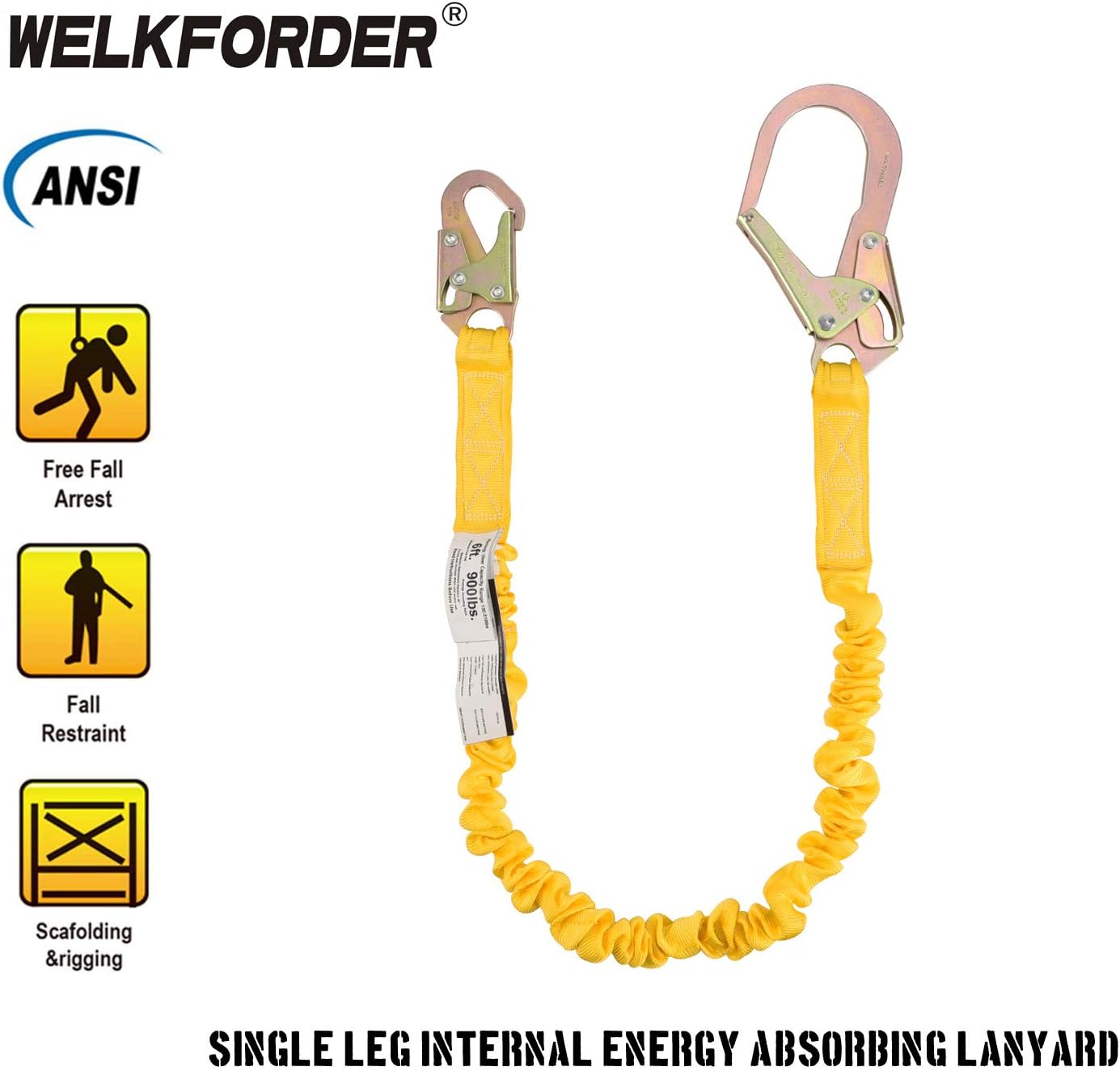 WELKFORDER Single Leg 6-Foot Fall Protection Internal Shock Absorbing Stretchable Safety Lanyard with Snap & Rebar Hook Connectors ANSI Compliant - - 
