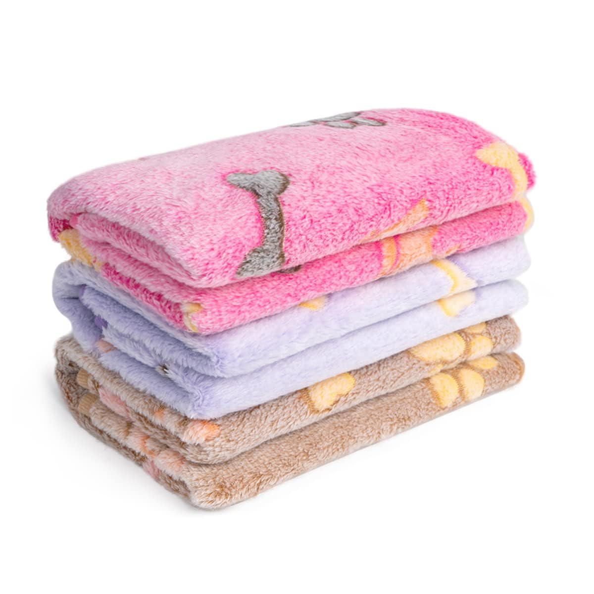 Flying Paws 3 Pieces Pet Blankets, Dog Blankets, Washable Medium Fluffy Blanket Soft and Warm for Cats Dogs Cute Paw Bone House Print Fuzzy Flannel Bed Cover 76 x 52 cm