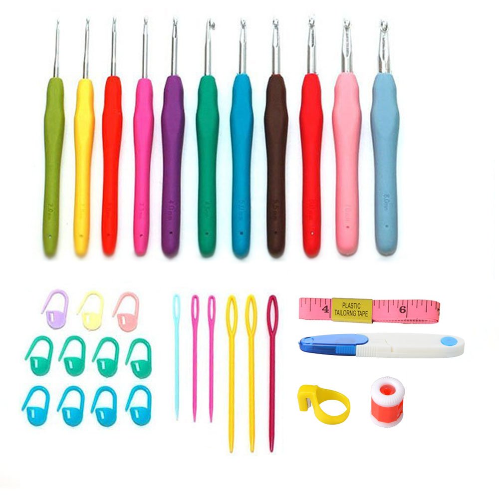 Spring 11pcs Rainbow Crochet Set ergonomic soft rubber ergonomic handle with crochet hooks 19pcs Accessories (Rosa)