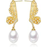 ZoVanHee Freshwater Cultured Pearl Earrings - 925 Sterling Silver and 18K Gold Plated with Sparkling Zircons Butterfly Dangle, AAAA Genuine Pearl Earrings