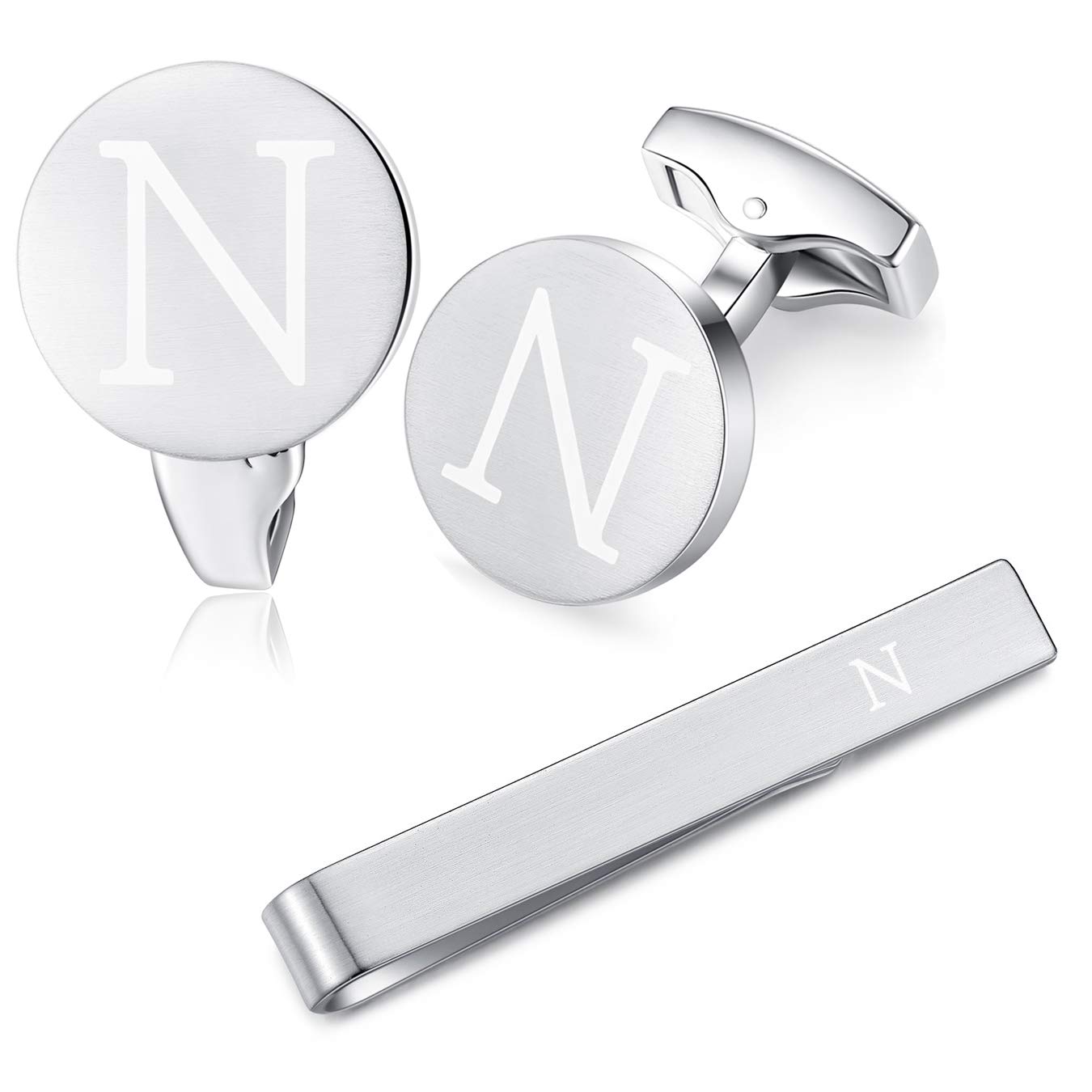 HONEY BEAR Initial Alphabet Letter Cufflinks Skinny Tie Clip Set for Mens Shirt - Round Stainless Steel, for Skinny Narrow Tie Business Wedding Gift,Brushed Silver,4cm (N)