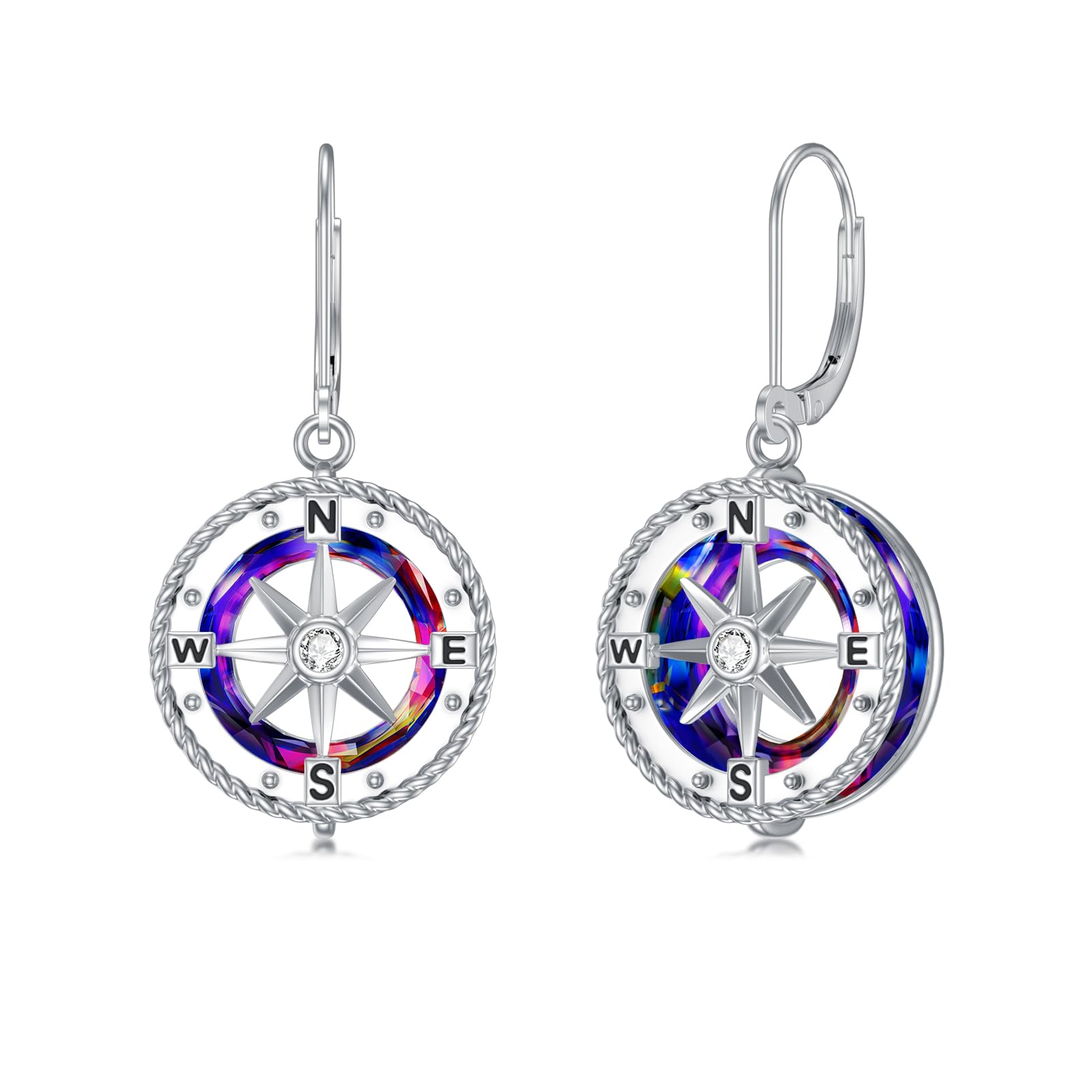 VONALA Compass Earrings for Women Sterling Silver Compass Crystal Dangle Drop Earrings Ocean Compass Leverback Earrings Graduation Compass Jewelry Gifts for Women Teens Girls
