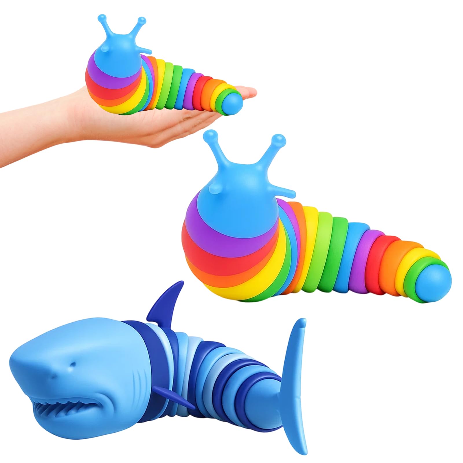 Articulated Fidget Toy, 2PCS Sensory Toys for Autism and ADHD, Stress Relief Slug and Shark Fidget Worm, Hand Exercise for Office and Travel age 14+
