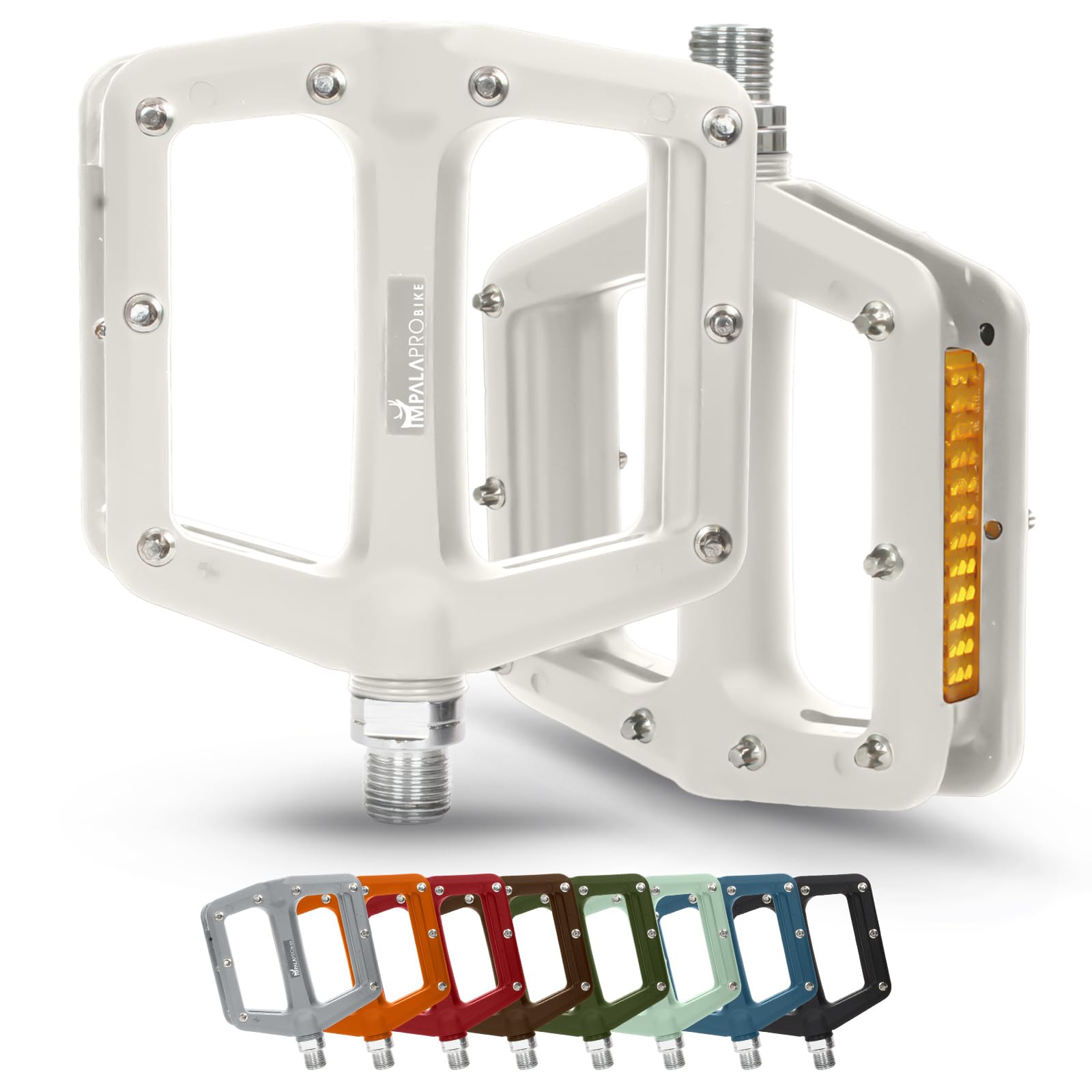 IMPALAPRO - Bike Pedals with Reflective in Nylon Fiber - Flat Bike Pedal with Selaed Bearing 9/16" - Mountain Bike - BMX - Road Bike - MTB Flat with Reflectors (White)