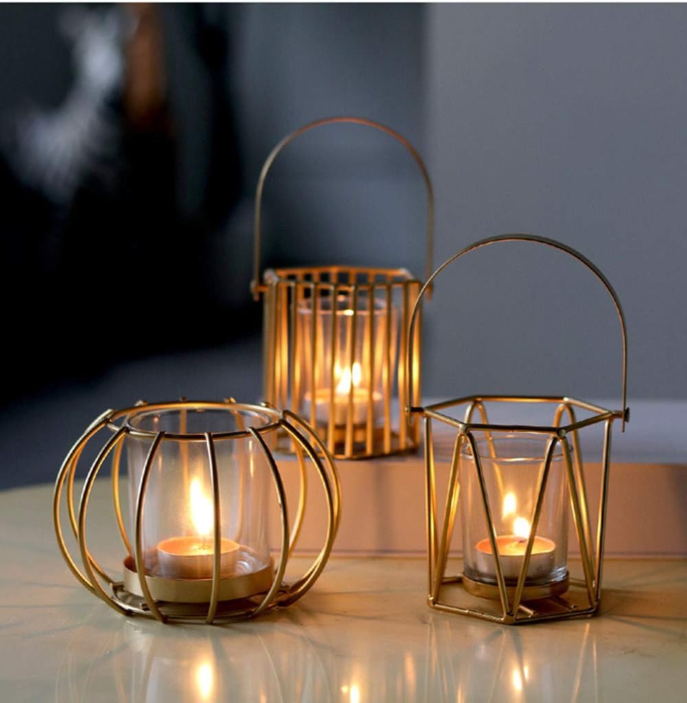 Lovecat Set of 2 Hollow Gold Candle Holders, Metal Candlesticks, Geometric Candle Stands, Home Wedding Decor Candleholders, Tealight Candlesticks, Candlelight Dinner Candleholders (Round Stripe): Home & Kitchen