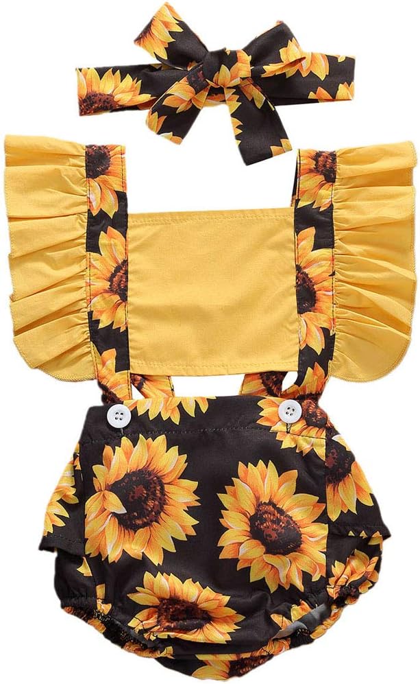 Canis Baby Girls' Full Flower Print Buttons Ruffles Romper Bodysuit with Headband