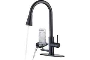 HAMOLER Kitchen Faucet with Cup Washer Single Handle Pull Down Kitchen Sink Faucet with Glass Rinser Matte Black Pull Sink Fa