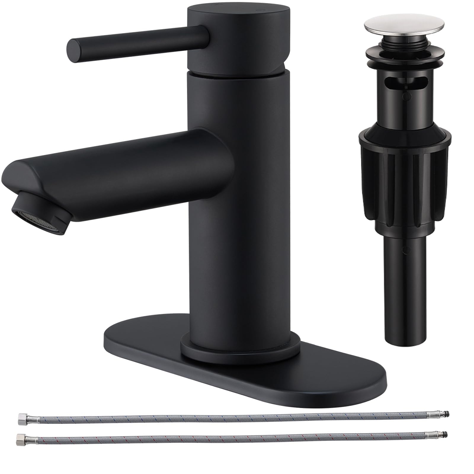 Photo 1 of KPWATER Bathroom Faucets with Pop Up Drain, Stainless Steel Single Handle Bathroom Sink Faucets with Water Faucet Supply Lines for Farmhouse RV Vanity(Matte Black)
