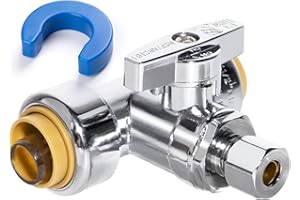 KAINGA Tee Stop Valve, 1/2" PTC x 1/2" PTC x 1/4" OD Compression, Push to Connect Brass Plumbing Fitting for PEX, Copper, CPVC Pipe, Quarter-Turn Shut Off Water Valve Disconnect Clip