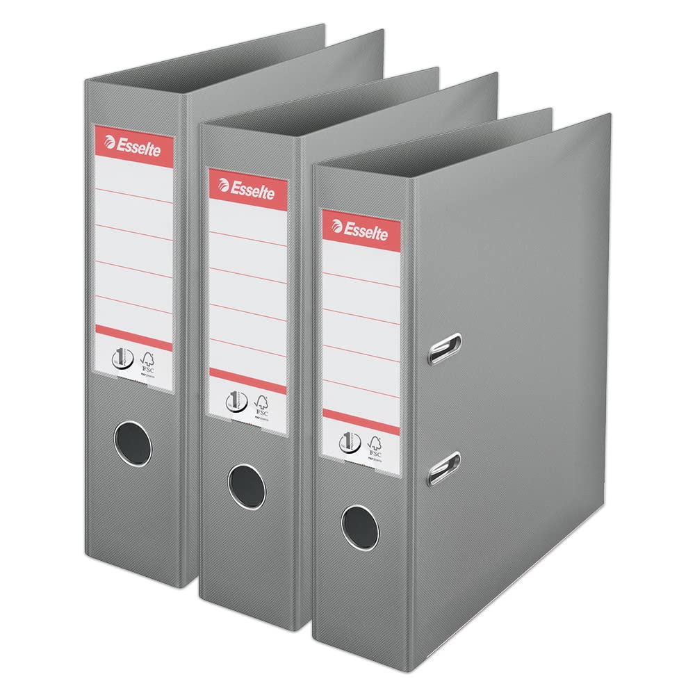 Esselte VIVIDA A4 Lever Arch File, 75 mm Spine, 500 sheets Capacity, PP, Plastic Cover, Files & Folders, Grey, 3 Pack, 624284