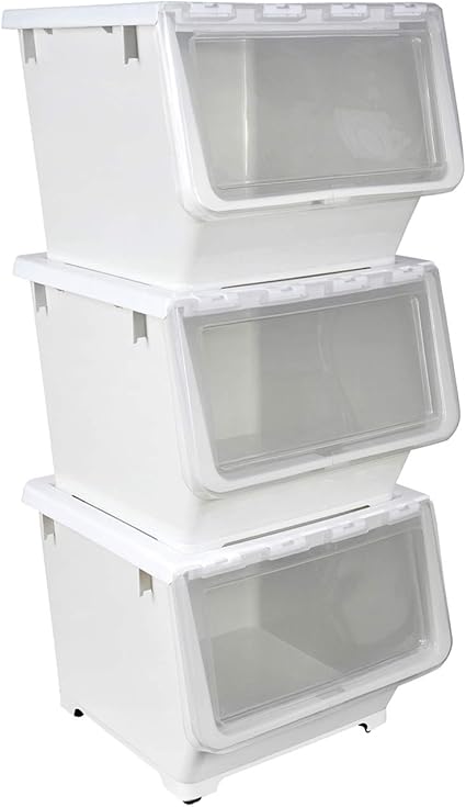 HAOGUT Stapelbare Aufbewahrungsbox mit Deckel und Rollen, 3er Set