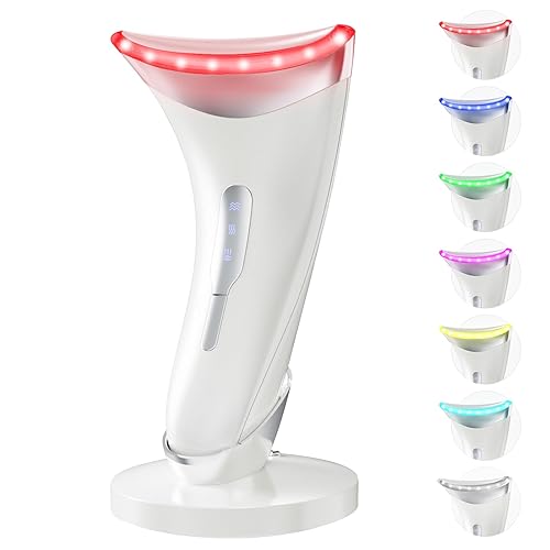 Dopsikn Red Light Therapy for Face and Neck, 7 Color Facial Massager with Adjustable Vibration and Thermals for Wrinkles, Double Chin, Portable Skin Care Tool with Base, White