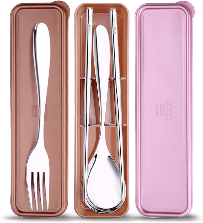 SSGP 3PCS Portable Outside Flatware Spoon Fork Chopsticks Tableware Set Food Grade Stainless Steel Dinnerware Silver with Travel Box