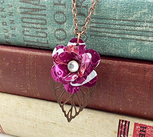 Mini Rose and Copper Leaf Necklace. Recycled Soda Can Art. Embossed. Cherry Coca Cola