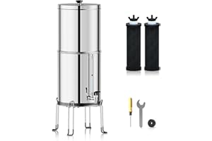 Purewell 3-Stage 0.01μm Ultra-Filtration Gravity Water Filter System, 304 Stainless Steel Countertop System with 2 Filters, Metal Water Level Spigot and Stand, Reduce 99% Chlorine, 2.25G, PW-OB-K