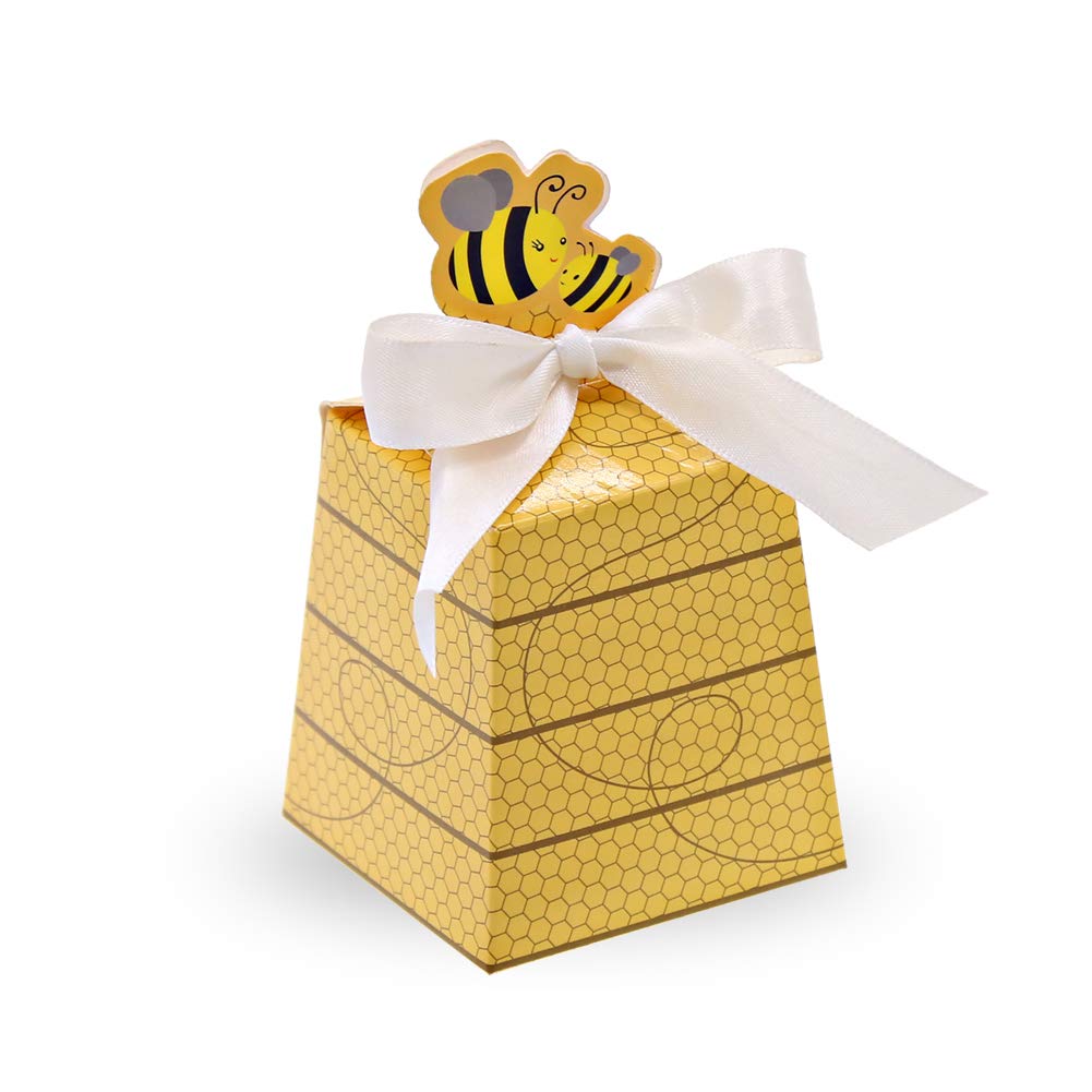SumDirect50Pcs Paper Beehive gift Box Baby Favors Candy Boxes with White Satin Ribbons, for Baby Shower Birthday Decorations (Yellow)