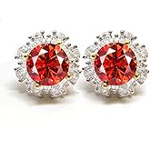 Red Moissanite Flower Stud Earrings Total 2.0ct Round Cut Lab Created Diamond Push Back Earrings for Women Jewelry 18K White Gold Plated Silver