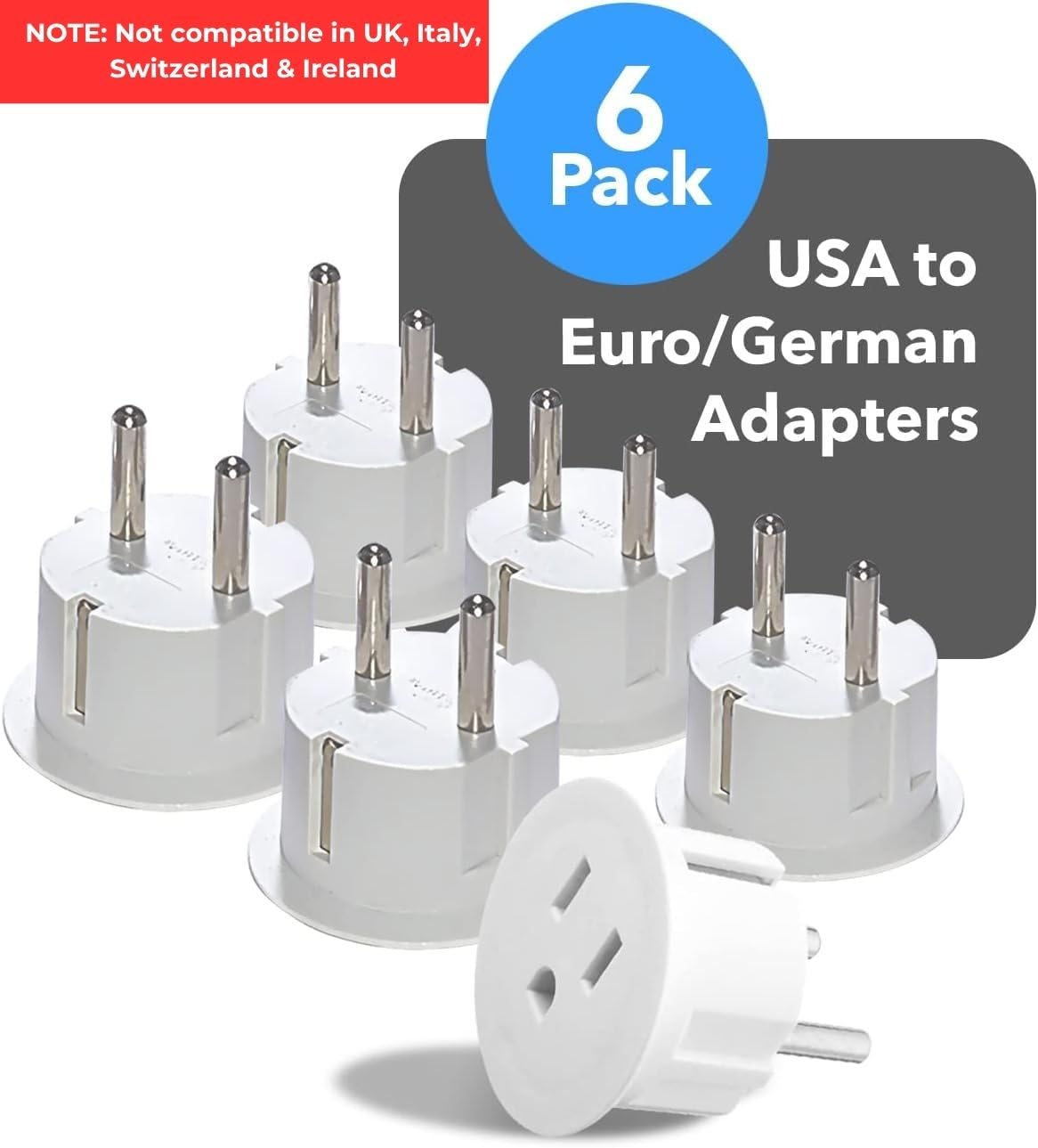 OREI American USA To European Plug Adapter – Type E/F Schuko Plug Adapter - Use in Germany, France, & More - CE Certified – For Mobile, Laptop & Camera Chargers - 6 Pack