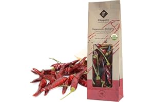FILIPPONE - Organic Whole Dried Chili Peppers, on Stem, 25 g (0.88 oz), Spicy Sicilian Pepperoncino with Intense Aroma and flavor, Decoration, Cooking, Certified USDA Organic