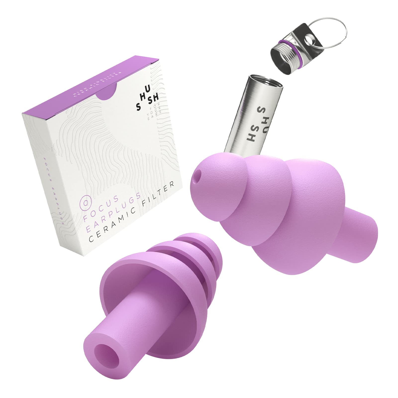 Shush Focus Earplugs - Less Distraction - Better Concentration - Increase Productivity - High-Fidelity Ceramic Filter (SNR 24 dB) - Reusable Over 365x