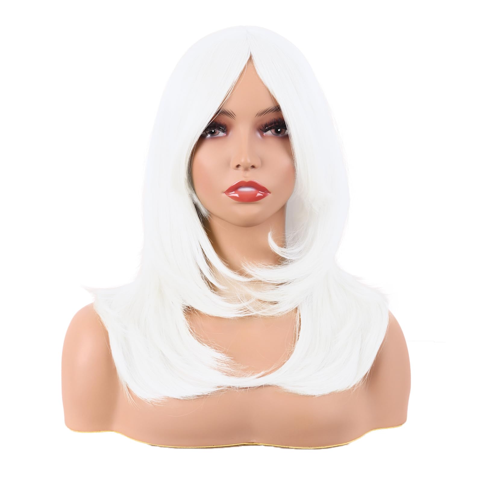 MapofBeauty 20 Inch/50 cm Long Layered With Bangs Straight Synthetic fiber Shoulder Length Hair for Daily Use or Party Wig (White) — image 1