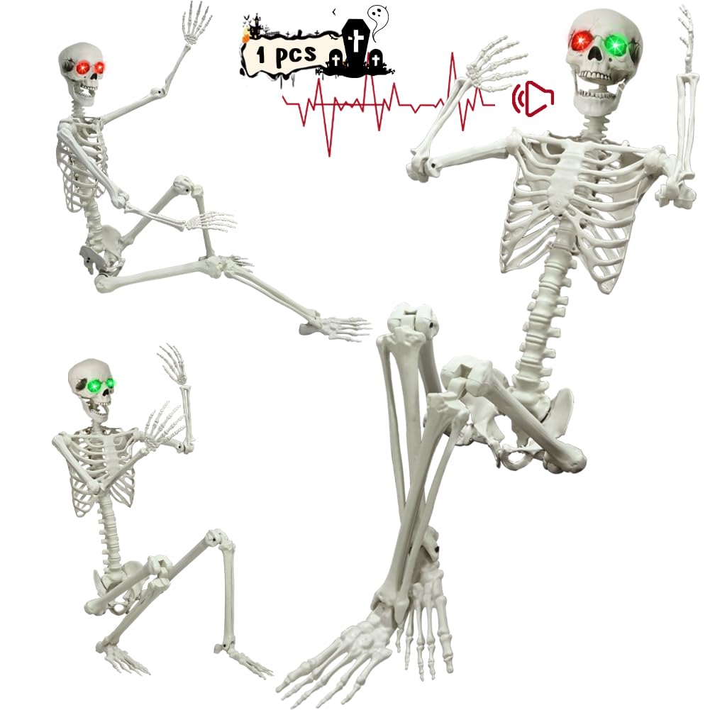 Photo 1 of WODMAZ 6Ft Halloween Skeleton, Posable Life Size Skeleton with Glowing Eyes Creepy Sound, Plastic Skeletons with Movable Joints for Graveyard Prop, Indoor Outdoor Haunted House Party Decor