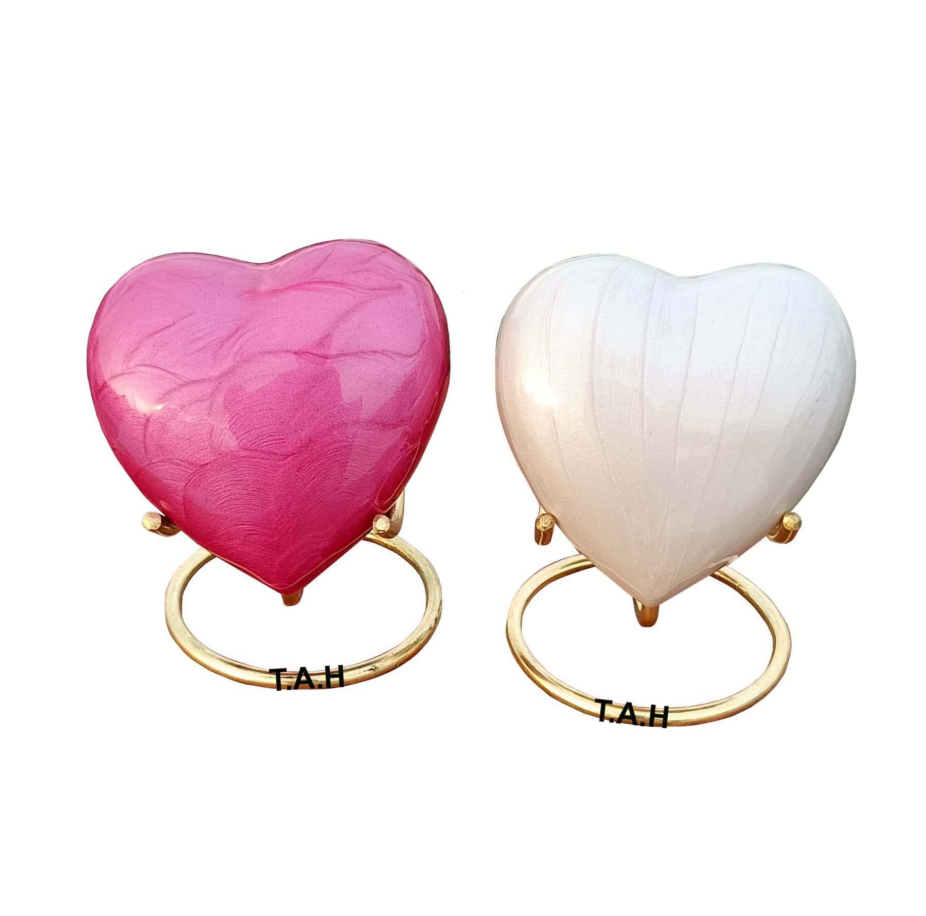 Pretty Set of 2 Pink And White Heart Keepsake Mini Heart Cremation Urn with Brass Stand - For Your Loved One & Human Ashes & Perfect Heart Urn for Adults & Infants