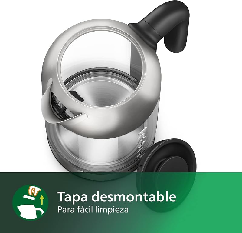 Series 5000 Hervidora de Cristal, 1,7 L Tapa Desmontable, Indicador luminoso Azul, Rellenado Fácil, Indicador de Una Taza, Filtro de Micromalla (HD9339/80)