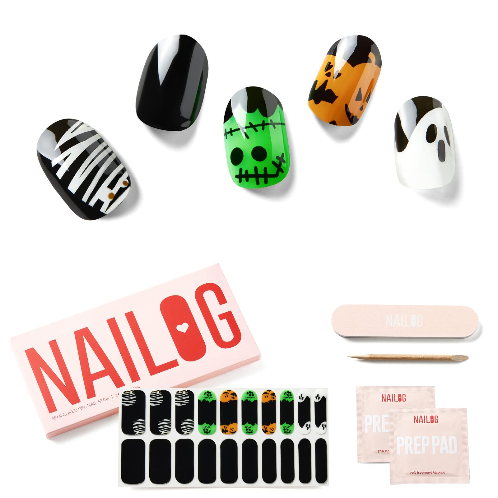 NAILOG Semi Cured Gel Strips (20 Extra Long Stickers), UV/Led Lamp Glossy & Long Lasting Soft Gel Finish Wrap, Little Monsters — image 1