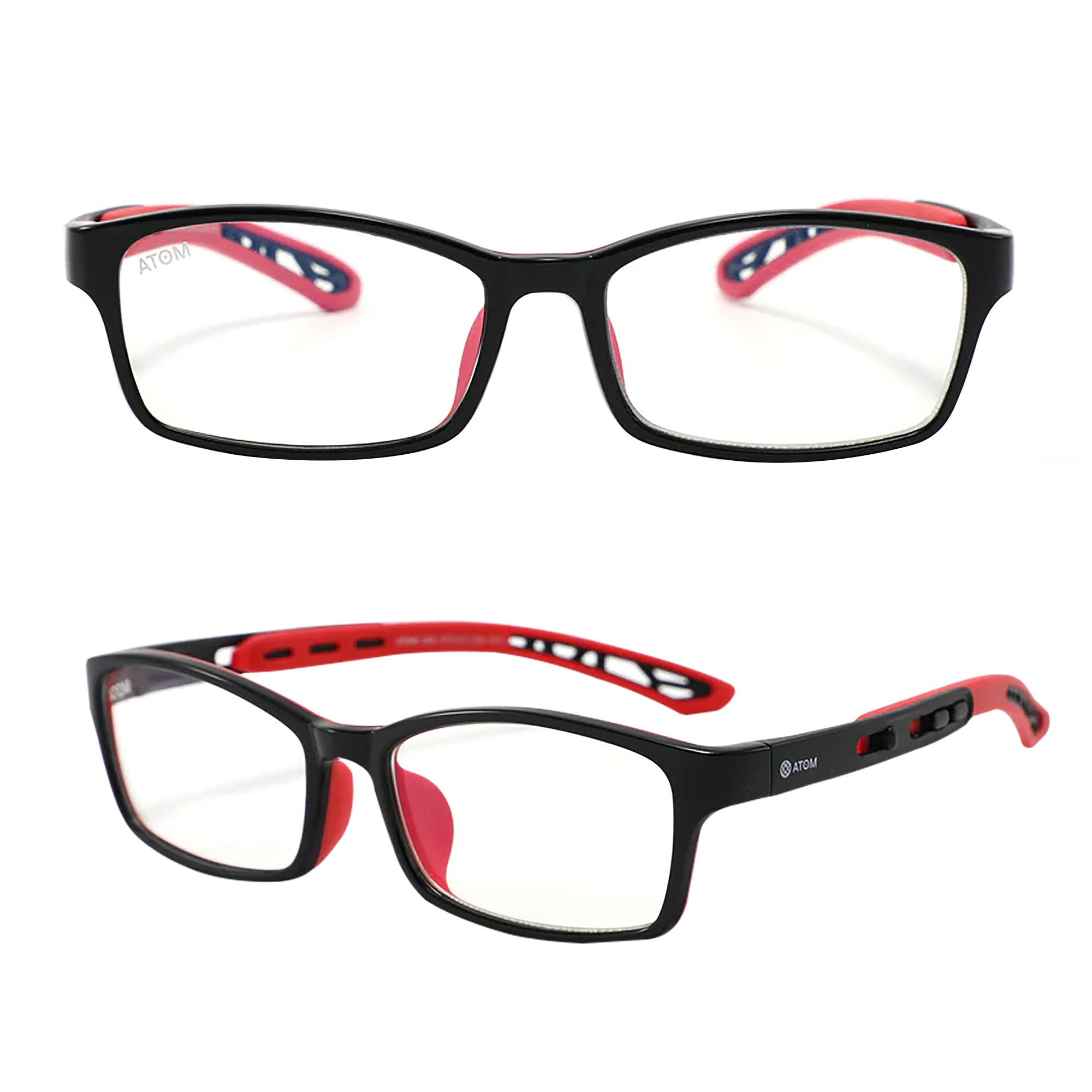 ATOM Blue Light Blocking Glasses for Kids (Age 5-12) - 100% UV Protection & Anti Glare Blue Rays Blocking Eyeglasses for Computer & Gaming | Adjustable Frame Eyewear for Boys & Girls- Red and Black