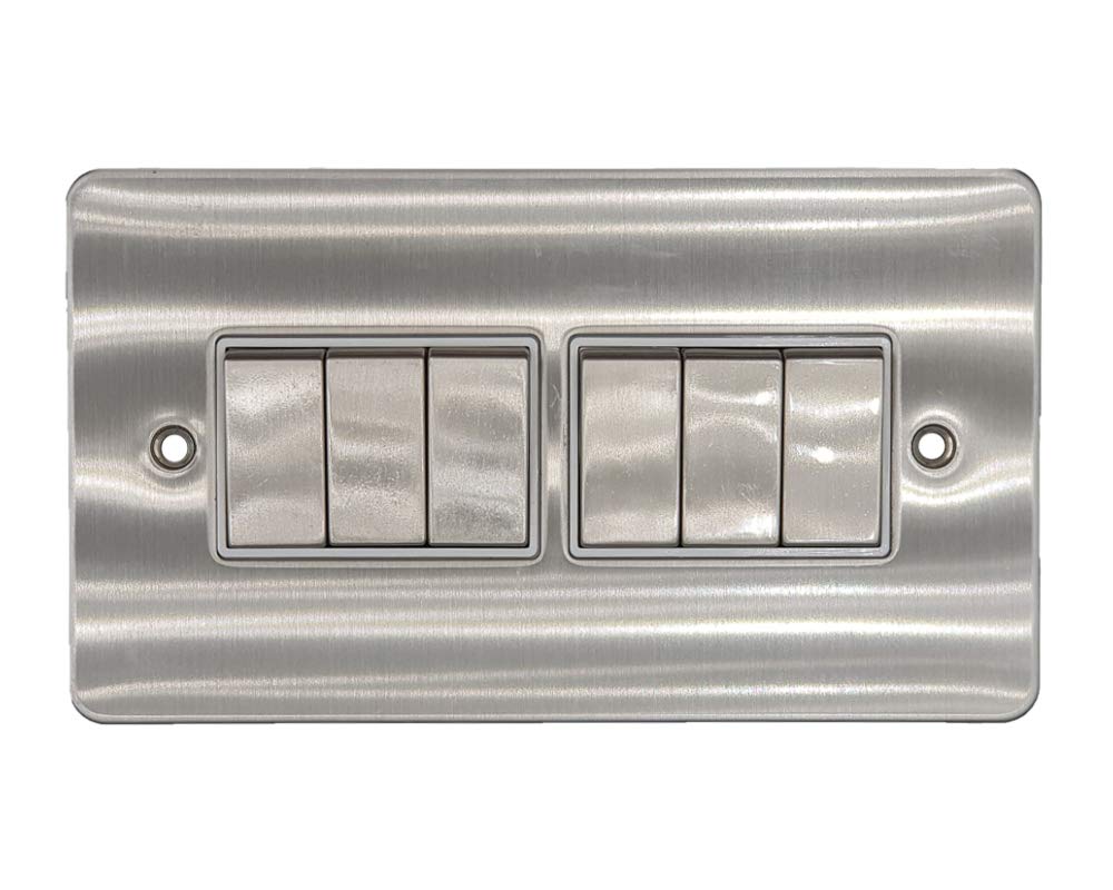 Klite 6 Gang Light Switch Flat Plate Brushed Chrome White Insert Metal Rocker Switches 10A 6 Gang 2 Way Switch