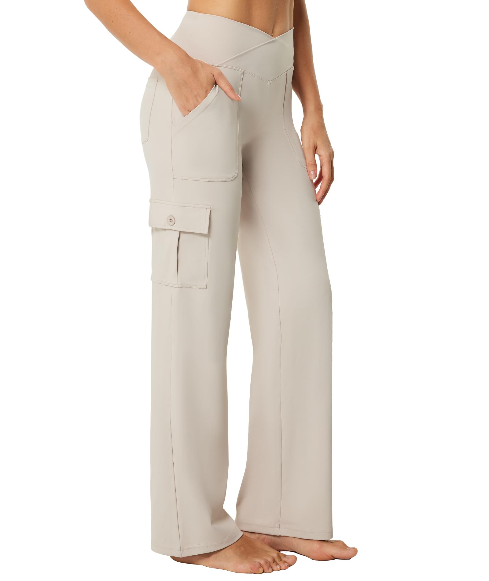 Casei Women's Wide Leg Yoga Pants with 6 Pockets Stretchy Cargo Work Dress Pants High Waisted Travel Scrub Trousers,Khaki(3XL) Image