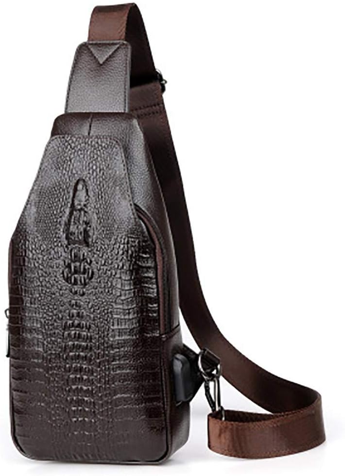 KIRA Usb Charging Chest Bag- Sling Bag Leather Chest Bag Crocodile Texture Waterproof Wear Resistant Portable Earphone Jack Adjustable Shoulder Strap Suitable For Travel And Business