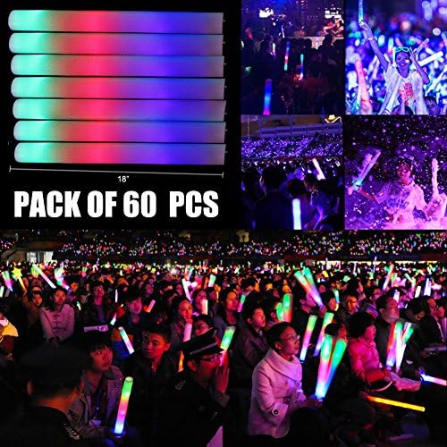 Multicolor LED Flashing Light Effect Sticks Color Changing Strobe Foam Baton for Partys, Festival Supplies, Raves, Birthdays, Children Toy, Concert (60 PCS)