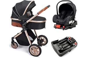 Wisesonle Baby Stroller, Infant Bassinet Strollers, Folding Pram for Newborns, Anti-Shock Wheels (2-Black(with Base))