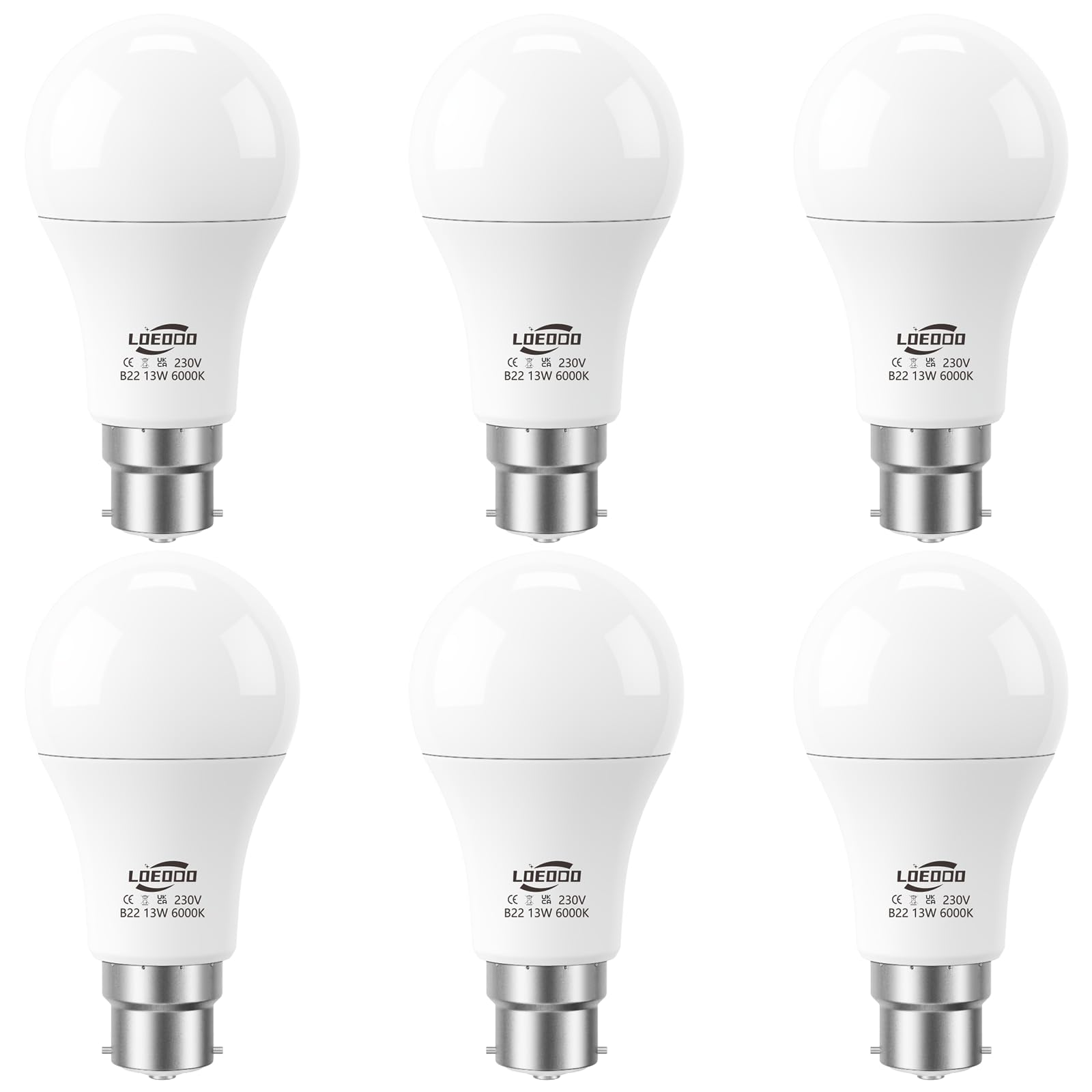 LOEODO B22 Bayonet LED Bulbs 100W Equivalent, 13W Light Bulb, 1200 Lumens, 6000K Cool White, A60 Energy Saving Lightbulbsb, Non-Dimmable, Pack of 6 — image 1