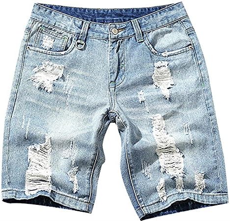 Men Vintage Mid Rise Ripped Holes Bermuda Skinny Denim Jeans Boardshorts Shorts