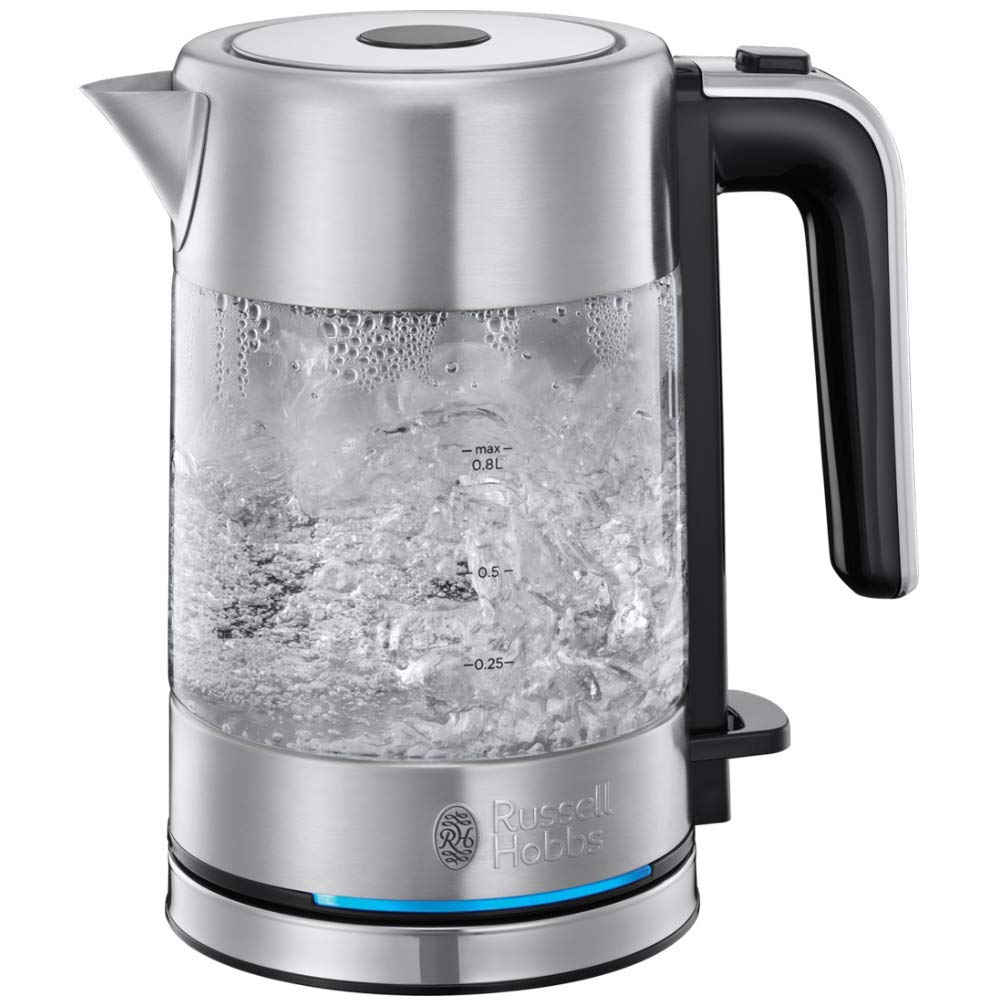 Russell Hobbs Bouilloire Electrique En Verre [Compacte & Design] Compact Home (0,8L, 2200 W, Ecoulement Parfait, Eclairage Led, Filtre Anticalcaire, Ouverture Auto., Ergonomique, Base 360°) 24191-70