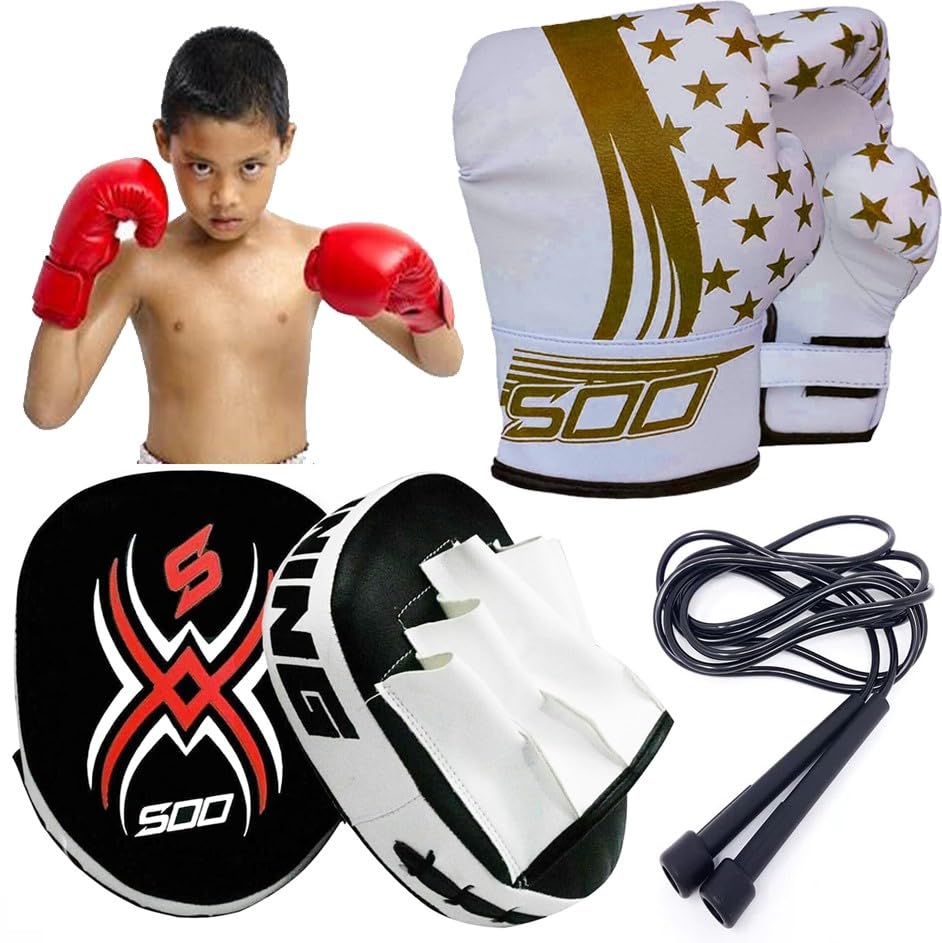 Kids Boxing Gloves and Focus Pads Set Punching Mitts MMA Training Hook & Jab, Pads Junior/Youth Unisex Sparring Martial Arts Karate Fitness Taekwondo Set (Gold/White)