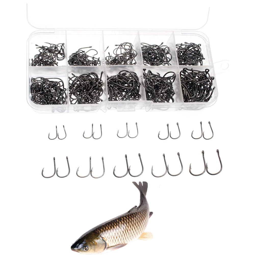 KOMUNJ 500pcs Carbon Steel Barbed Sea Fish Hooks - Eyed Carp Fishing Tackle Set for Saltwater or Freshwater