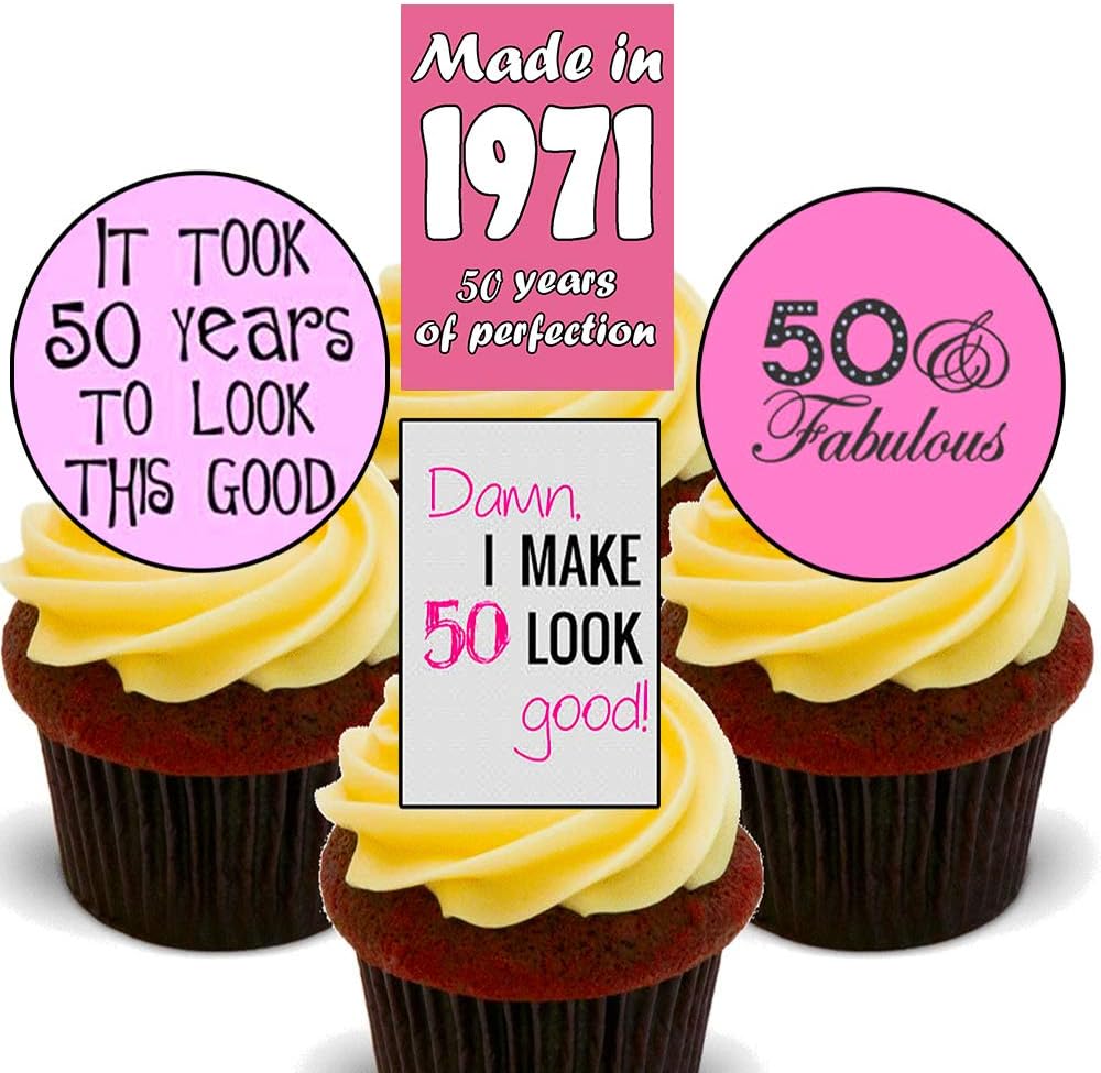 50th Birthday Female Funny, Edible Cupcake Toppers - 1973 Stand-up Wafer Cake Decorations (Pack of 12) - Image 3